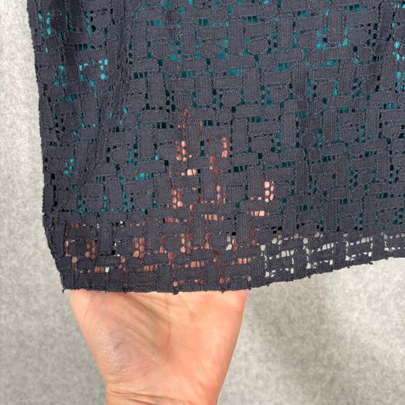 Tahari Dress 14 Navy Turquoise Lace‎ Sheer Mod Career Church Southern 50s Preppy - Picture 4 of 15